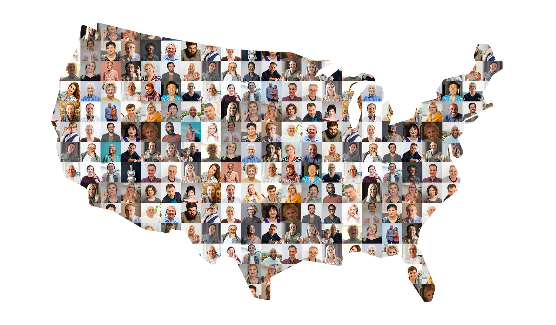 Un mapa de los Estados Unidos lleno de un collage de rostros de personas diversas.